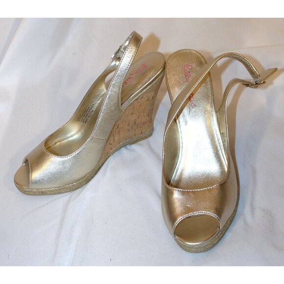 Lilly Pulitzer Krisie Wedge sandals Metallic Gold Leather 10 Slingback Peep Toe - Picture 1 of 8